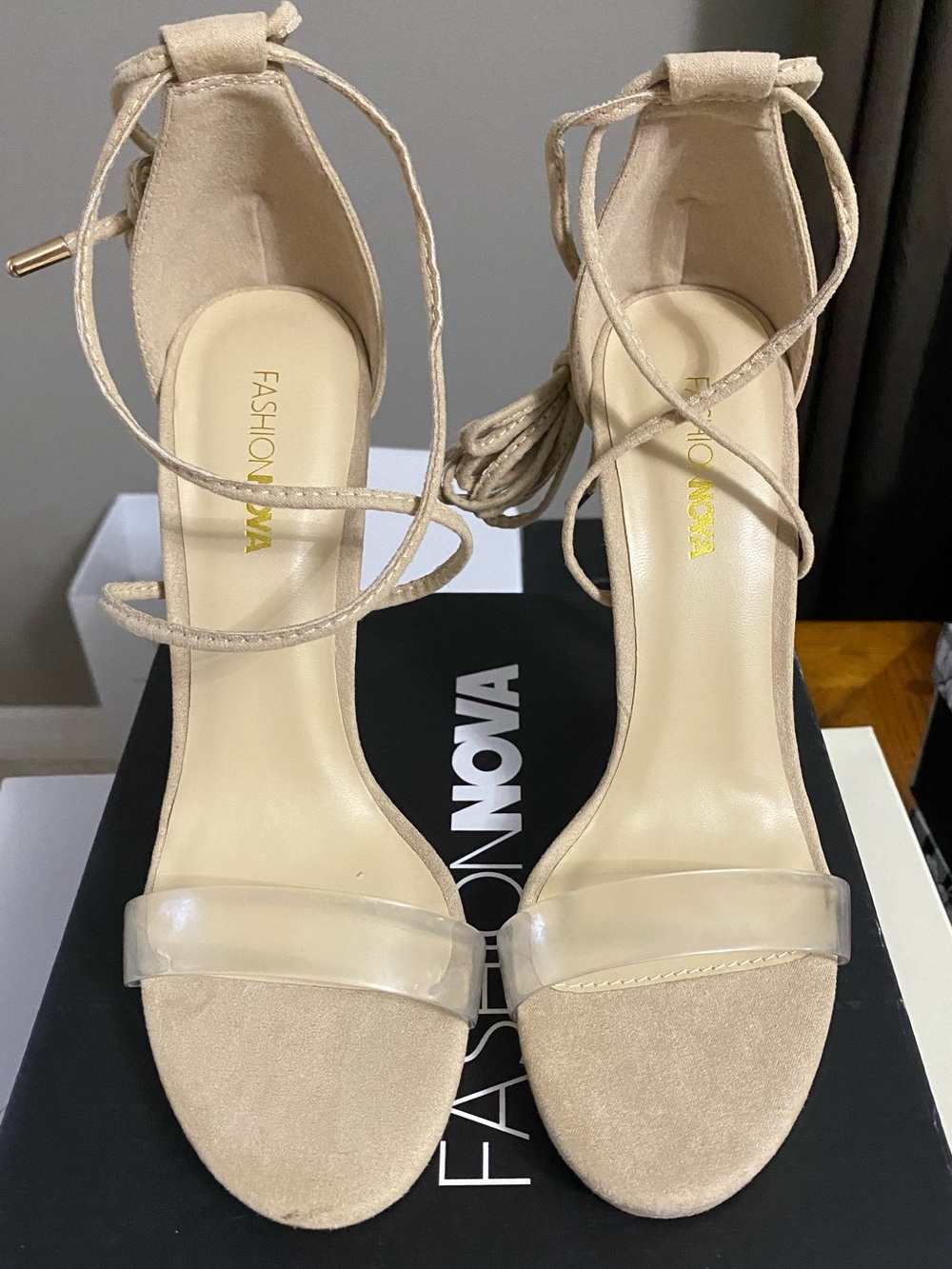 Fashion Nova Beige Nude Lace-Up Clear Strap Heels